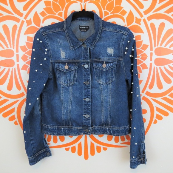 bebe Jackets & Blazers - BeBe Distressed Denim Jacket with Pearl Sleeves